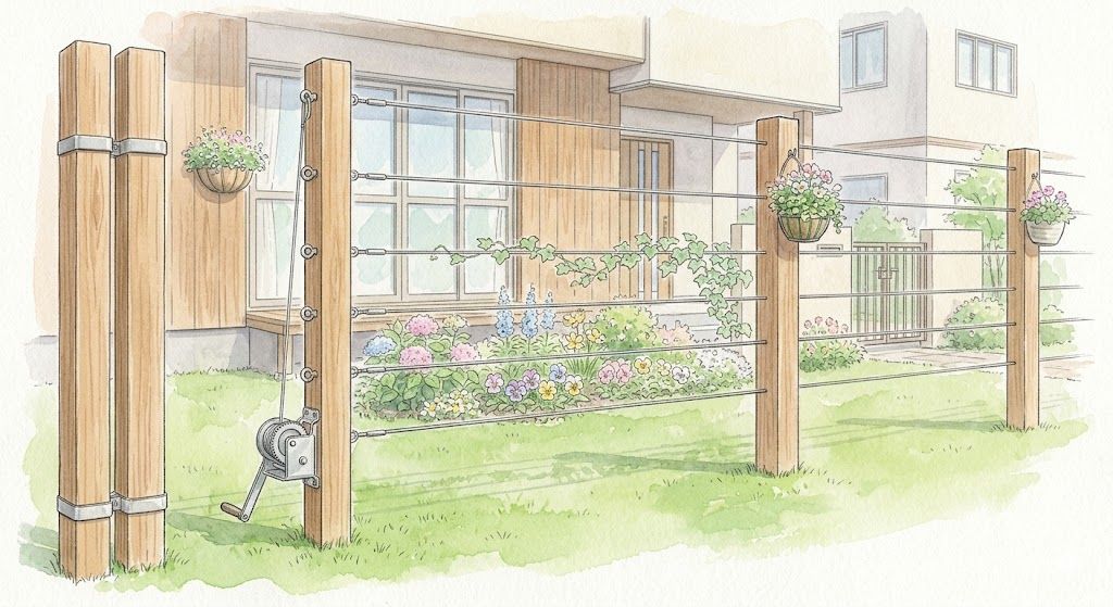 札幌・北海道の戸建住宅前庭に設置した取り外し可能ワイヤーフェンス（夏・木製支柱・4m間口）