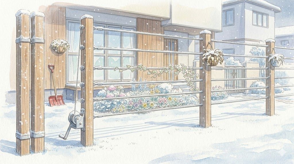 北海道・札幌の冬・積雪期にも使える取り外し可能ワイヤーフェンス（雪景色・木製支柱）