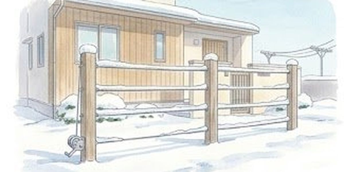 冬の積雪期、雪が積もってもワイヤーフェンスは曲がらず直線を保つ様子